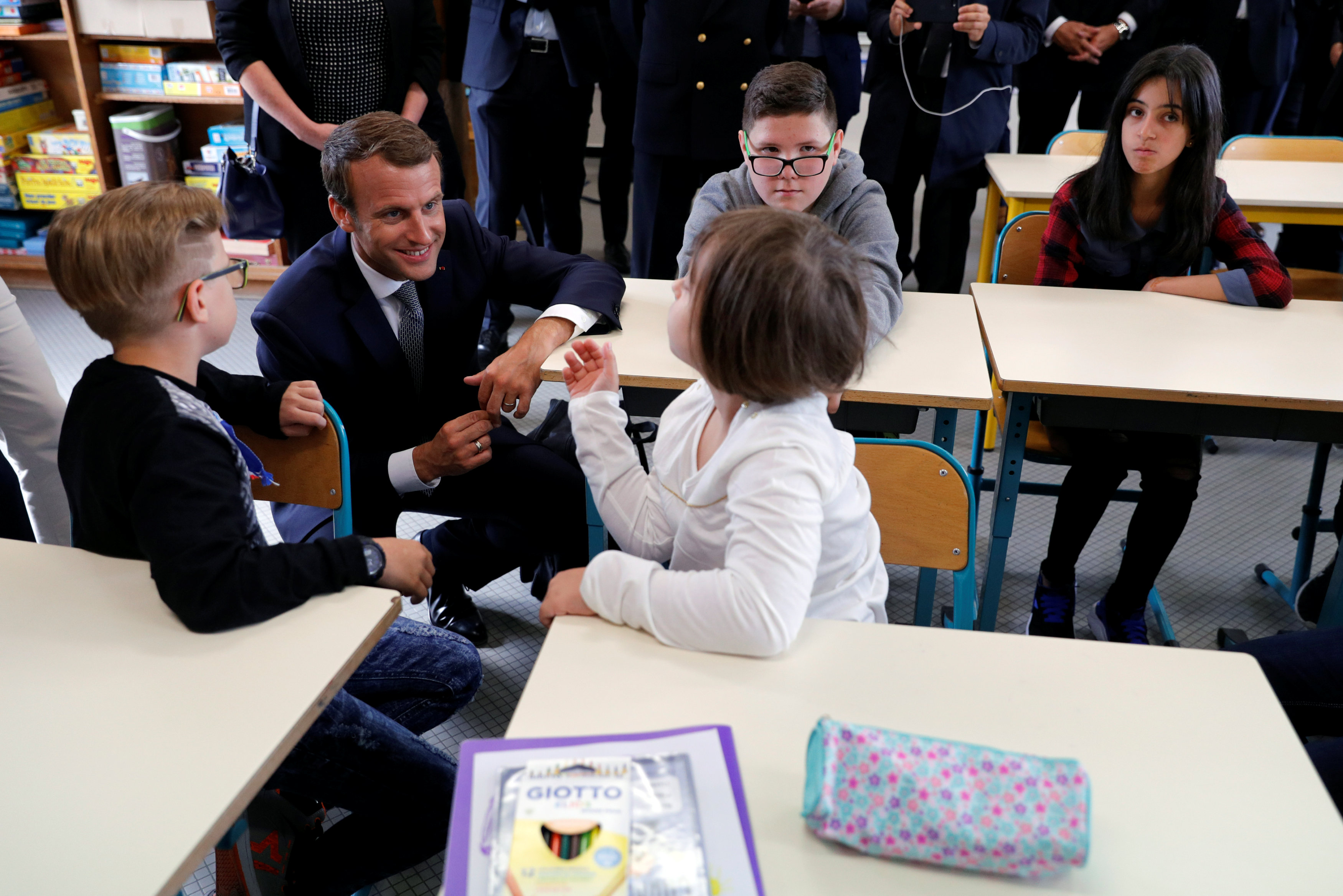 French President Emmanuel Macron visits a school in Forbach, Eastern France